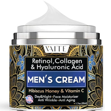 VAITE Mens Face Moisturizer with Collagen, Retinol, Anti-Aging, Anti-Wrinkle Cream for Men, Hydrating Facial Skin Care with Hyaluronic Acid, Hibiscus, Honey & Vitamin C, Day & Night Hydration
